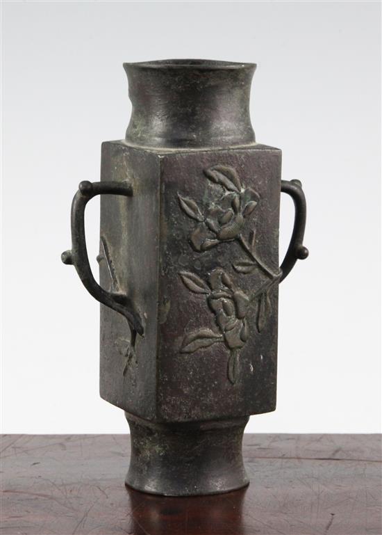 A Chinese bronze cong vessel, 17th / 18th century, 17.5cm, some damage